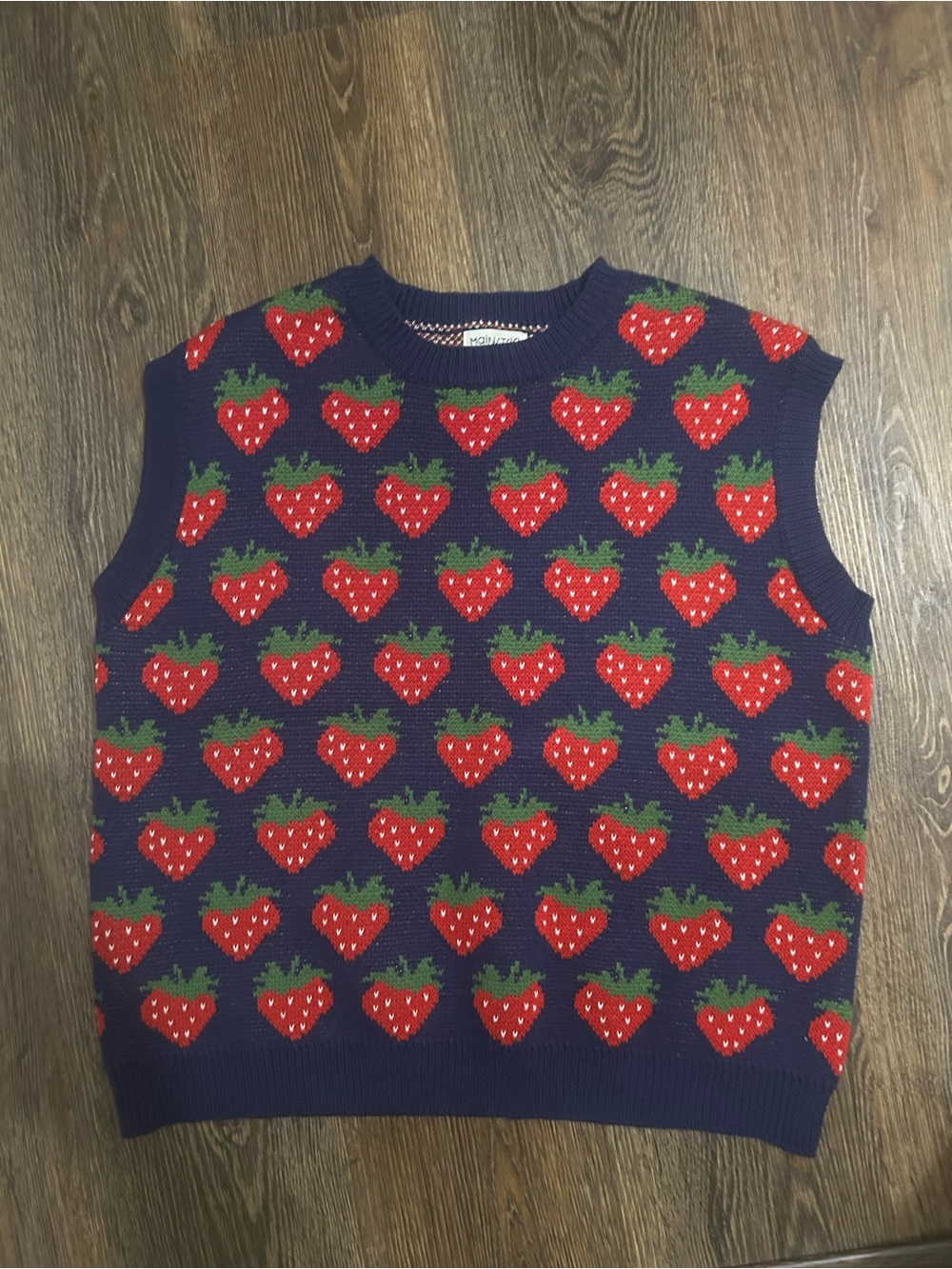Main Strip Navy Sweater Vest with Red Strawberry Motif